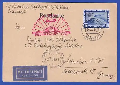 Dt. Reich 1931 Zeppelin Polarfahrt Mi.-Nr. 457 als EF mit So.-O auf LP-Postkarte