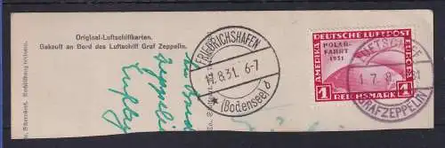 Dt. Reich 1931 Zeppelin Polarfahrt Mi.-Nr. 456 mit Bordpost-O auf Kartenstück