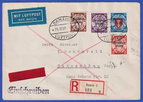 Dt. Reich Danzig Abschied Mi-Nr. 716, 718, 725, 727 als MiF auf LP-R-Eilbrief