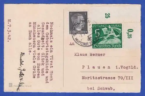 Dt. Reich Auslands-Zeitungsmarke Mi-Nr. Z 739 u.a. in MiF auf Geburtstagskarte