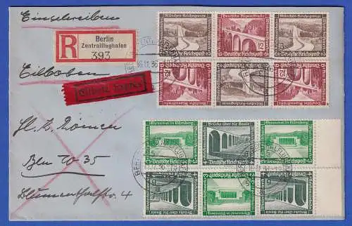 Dt. Reich Moderne Bauten 4 ZSD (3er-Streifen) auf R-Eilbrief O BERLIN 1936