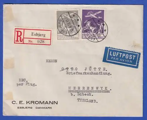 Dänemark Flugpostmarken Mi.-Nr. 144, 180 auf Luftpost-R-Brief O ESBJERG 1933