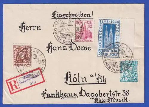 Bizone 1948 Kölner Dom Mi.-Nr. 69-72 Satz als MiF auf R-Brief mit So.-O KÖLN