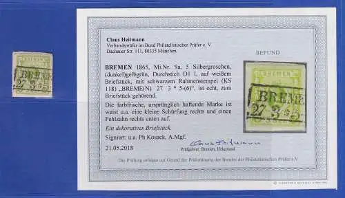 Bremen 1865 Mi.-Nr. 9a mit Kasten-O BREMEN auf Briefstück Befund HEITMANN BPP