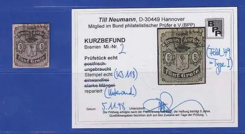 Bremen 1856 Wappen 5 Grote Mi.-Nr. 2 Type I Plattenfehler PF II O KB NEUMANN BPP