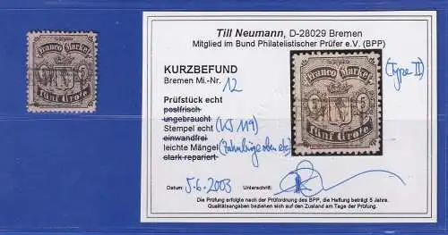 Bremen 1867 Wappen 5 Grote Mi.-Nr. 12 Type II mit Kasten-O BREMEN KB NEUMANN BPP