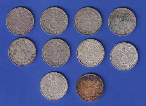 Posten 10 Stück Deutsches Reich 2-Reichsmark Silbermünzen Hindenburg.