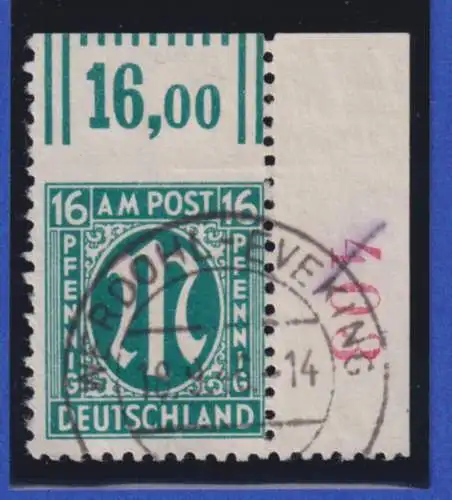 AM Post 16Pfg Ecke oben rechts OBEN UNGEZÄHNT mit Bogenzählnummer 403 gestempelt