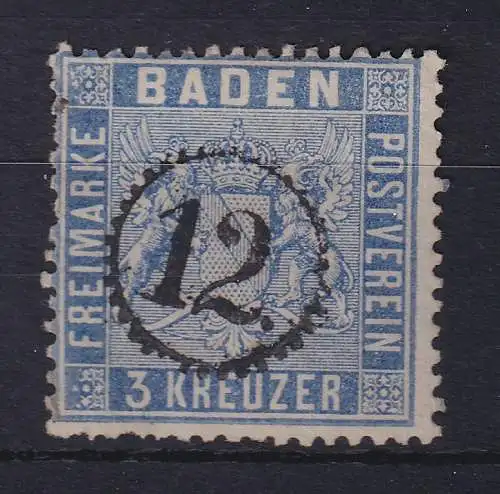 Baden 1860 Wappen 3 Kreuzer Mi.-Nr. 10 mit Uhrrad-Nr.-O 12