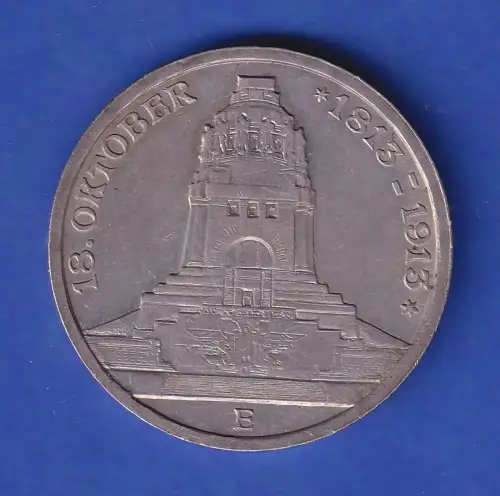 Sachsen Völkerschlachtdenkmal Silbermünze 3 Mark E 1913 vorzüglich !