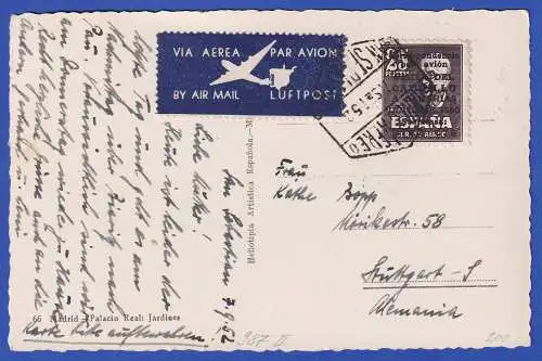 Spanien 1952 LP-Zuschlagsmarke Caudillo Mi.-Nr. 987 II auf LP-AK nach Stuttgart