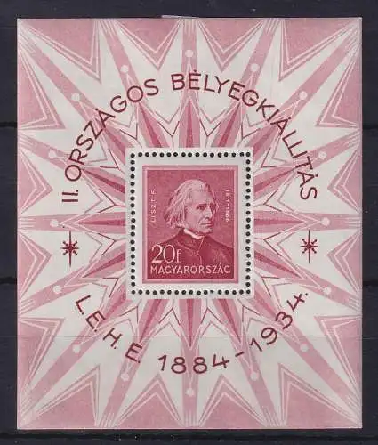 Ungarn 1934 Philatelistische Ausstellung / Liszt Mi.-Nr. Block 1 ungebraucht *