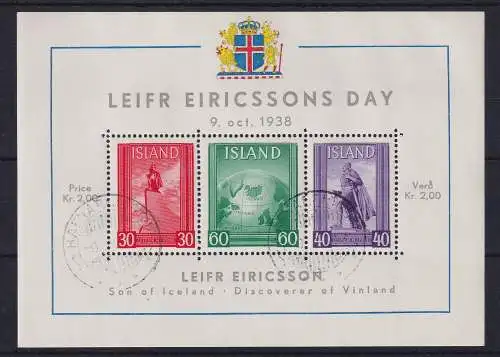 Island 1938 Leif-Eriksson-Tag  Mi.-Nr. Block 2 mit Ersttags-O