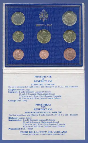 Vatikan Euro-Kursmünzensatz 2007, 8 Münzen im Folder, Papst Benedikt XVI.