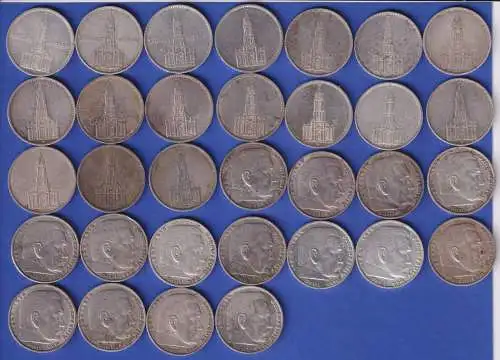 Anlage-Posten 32 Stück 5-Reichsmark Silbermünzen Garnisonskirche / Hindenburg