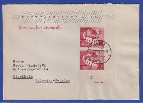DDR 1950 1.Mai Mi.-Nr. 250 Eckrandpaar UR mit Druckvermerk a. FDC nach Schweden 