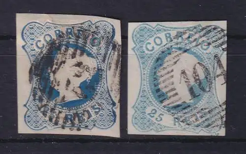 Portugal 1853 Königin Maria II. 25 Reis Mi.-Nr. 2a und 2b, je mit Rost-Nr.-O