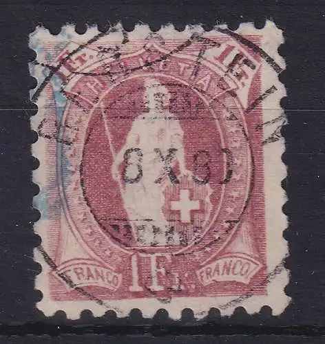Schweiz 1889 Stehende Helvetia 1Fr. lila  grob gez. 9  Mi.-Nr. 63B mit Voll-O 