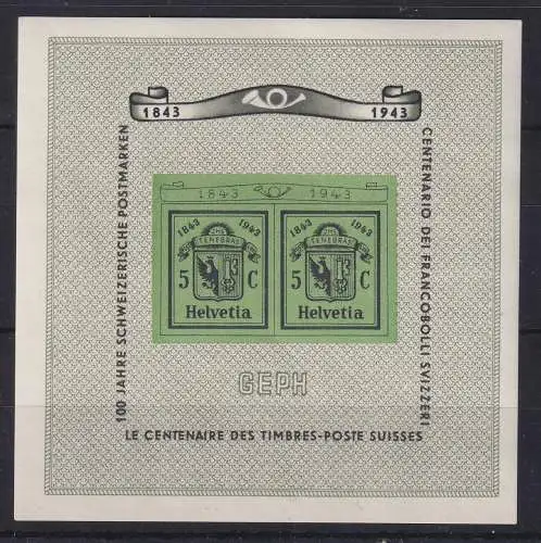 Schweiz 1943 Briefmarkenausstellung Genf Mi.-Nr. Block 10 ungebraucht * 