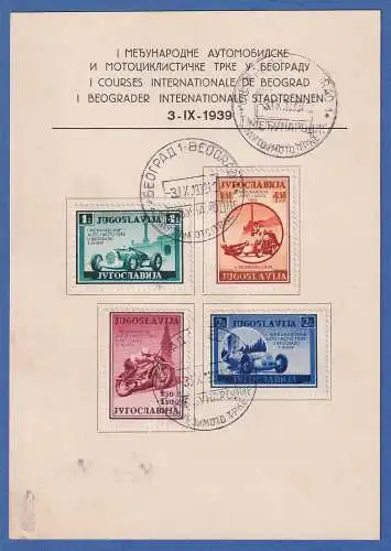 Jugoslawien 1939 internat. Kraftfahrzeug-Rennen Mi.-Nr  381-84 auf FDC-Karte