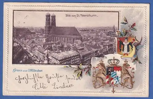 Bayern alte dekorative Prägedruck-AK München Blick auf Frauenkirche gel. 1901