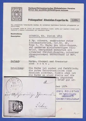 Schweiz Kantonalmarke Zürich 6 Rp. Mi.-Nr. 2 I auf  Brief O UNTERSTRASS 1845