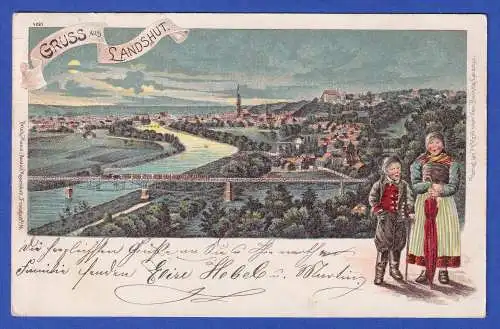 Bayern alte AK Gruss aus Landshut Stadtansicht Abendstimmung gel. 1907