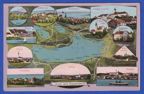 Bayern alte AK Ammersee Landkarte und Ortsansichten am See, ungelaufen 