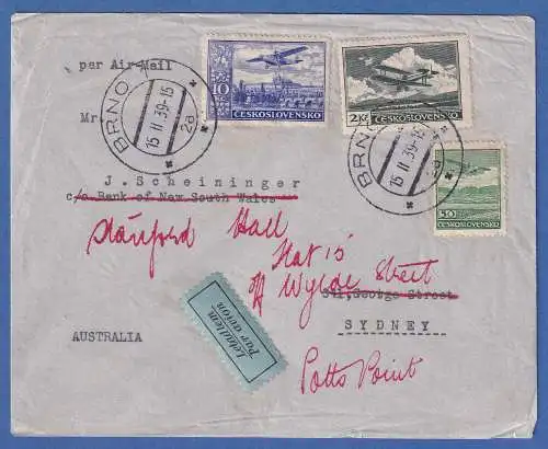 Tschechoslowakei Flugpostmarken 3 Werte auf Lp-Brief von Brünn nach Sydney 1939