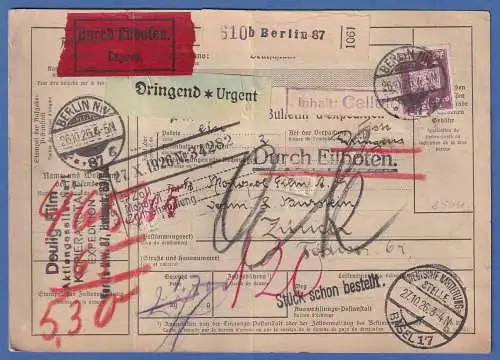 Dt.Reich 1926 Eil-Paketkarte Porto 5,30 Mark gel. von Berlin nach Zürich CH