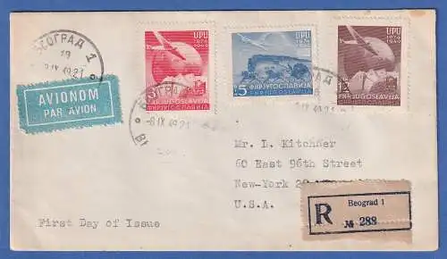Jugoslawien 1949 Flugpostmarken 75 Jahre UPU Mi-Nr. 578-580 auf R-FDC in die USA