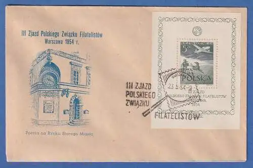 Polen 1954 Blockausgabe Flugzeug Mi-Nr. Block 13 auf FDC mit So.-O Warschau