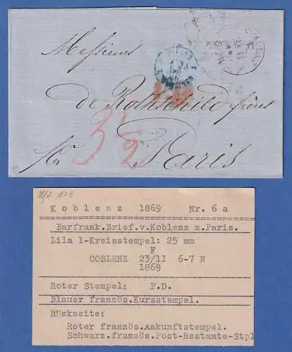 Barfrankierter Brief von Koblenz nach Paris, 1869