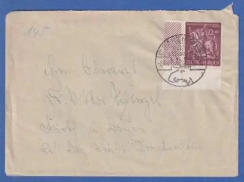 Dt. Reich Goldschmiedekunst Mi.-Nr. 861 Eckrandstück UL auf Brief O CRANZ 1943