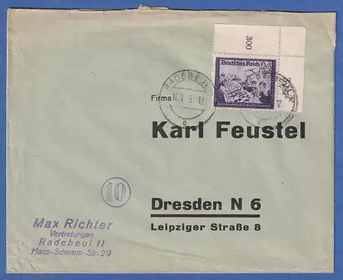 Dt. Reich  Post-Kameradschaft Mi.-Nr. 893 Eckrandstück OR auf Brief O RADEBEUL 