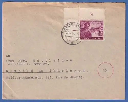 Dt. Reich Post-Kameradschaft Mi.-Nr. 890 Eckrandstück OL Brief O WILHELMSHAVEN