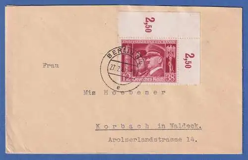 Dt. Reich Hitler / Mussolini Mi.-Nr. 763 Eckrandstück OR auf Brief O BERLIN