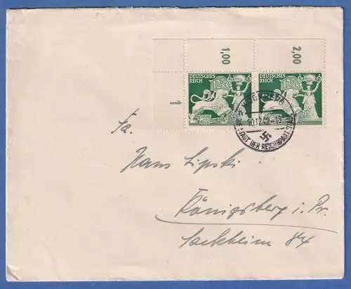 Dt. Reich Goldschmiedekunst Mi.-Nr. 816 Eckrandpaar OL auf Brief O Nürnberg 1942