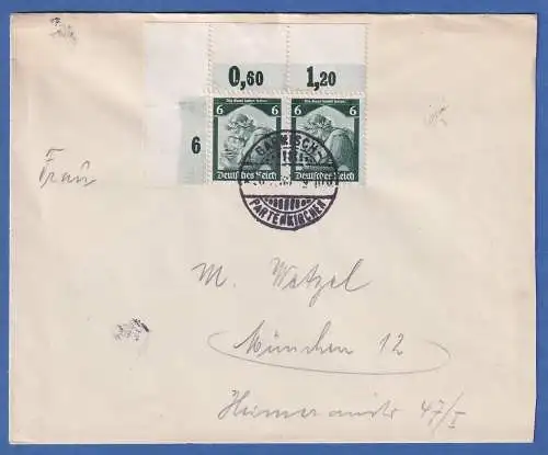 Dt. Reich Saarbstimmung Mi.-Nr. 566 Eckrandpaar OL auf Brief O Garmisch 1935