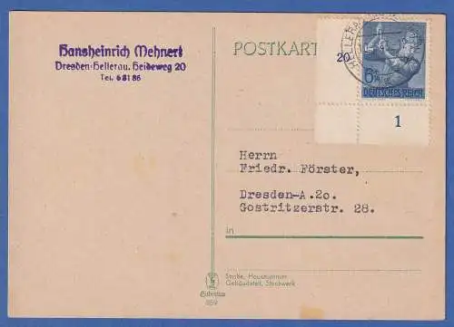 Dt. Reich Arbeitsdienst 6Pfg Mi-Nr 852 Eckrandstück UL auf Karte O HELLERAU 1943