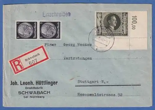 Dt. Reich Hitler-Geb. Mi-Nr 849 Eckrandstück UR auf R-Brief O SCHWABACH 1943