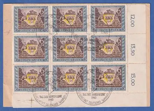 Dt. Reich Postkutsche Mi-Nr 828 Eckrand-9er-Block rücks. auf Karte mit So-O 1943