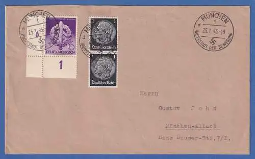 Dt. Reich Wehrkampftage Mi-Nr 818 Eckrandstück UL auf Brief O MÜNCHEN 1943