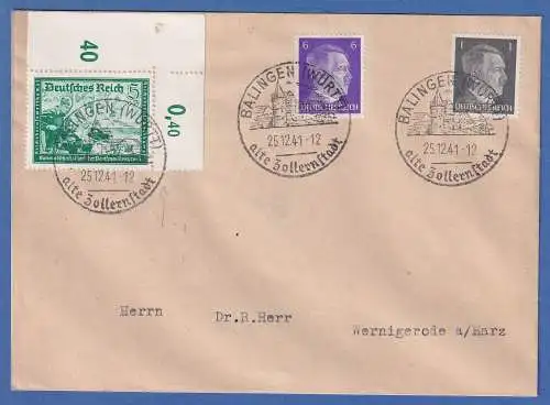 Dt. Reich Kameradschaft Mi-Nr. 704 Eckrandstück OR auf Brief O BALINGEN 1941