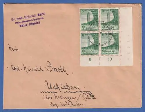 Dt. Reich Turnfest Breslau Mi-Nr. 666 Eckrandvierer UR auf Brief O HALLE 1938