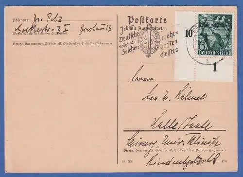 Dt. Reich Machtergreifung Mi-Nr. 660 Eckrandstück UL auf Karte O BERLIN 1938