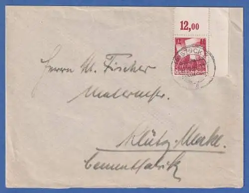 Dt. Reich Mi-Nr. 633 Eckrandstück OR auf Brief O ROSTOCK 1936