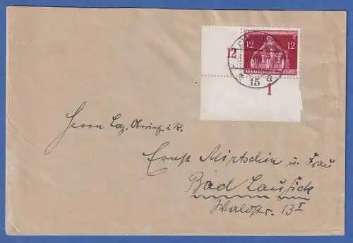 Dt. Reich Gemeindekongress Mi-Nr. 619 Eckrandstück UL auf Brief O CHEMNITZ 1936