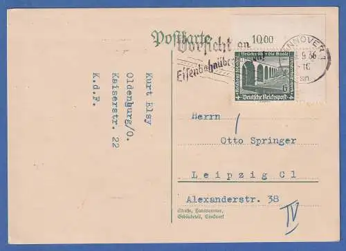 Dt. Reich Saalebrücke Mi-Nr. 637 Eckrandstück OR auf Karte O HANNOVER 1936