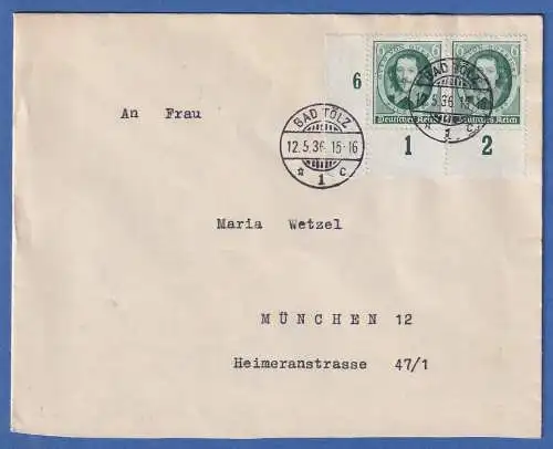 Dt. Reich Guericke Mi-Nr. 608 Eckrandpaar UL auf Brief O BAD TÖLZ 1936